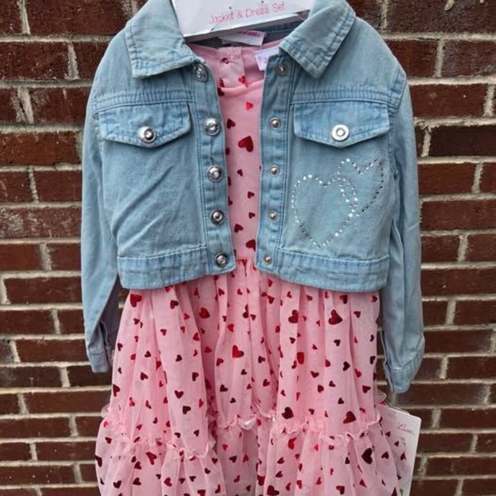 Little Lass Denim Jacket and dress set 3T hearts rhinestones and ruffles new